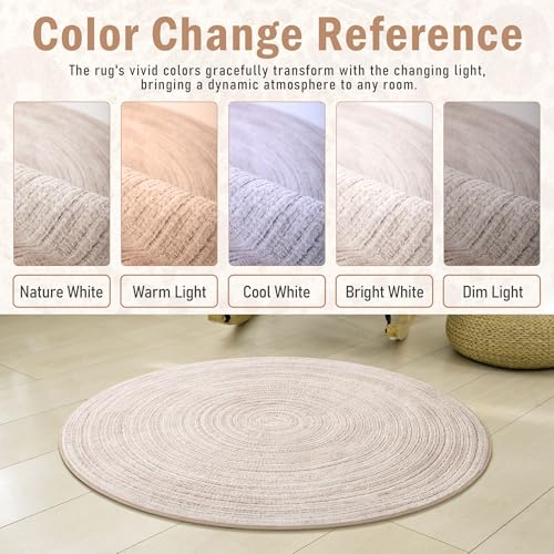 Carvapet Faux Jute Round Rug 3ft, Jute-Like Pattern Design Low Pile Circle Washable Carpet with Non Slip Rubber Backing, Foldable Stain Resistant Small Area Rug for Bedroom Office Bathroom - color: S-khaki, size: 3' (Round)