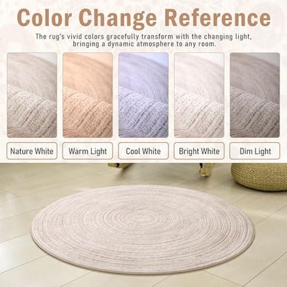 Carvapet Faux Jute Round Rug 3ft, Jute-Like Pattern Design Low Pile Circle Washable Carpet with Non Slip Rubber Backing, Foldable Stain Resistant Small Area Rug for Bedroom Office Bathroom - color: S-khaki, size: 3' (Round)