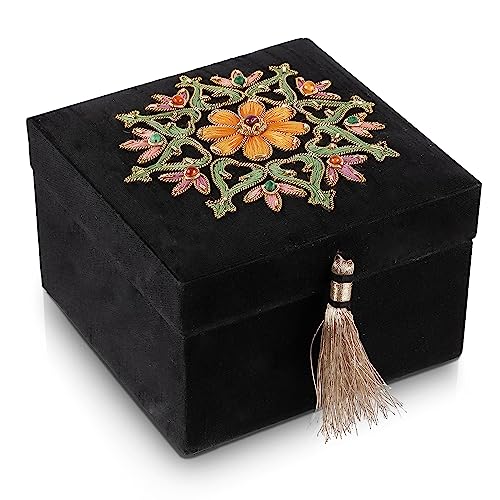 Hand embroidered jewelry storage box with ruby, small keepsake box, floral decorative box, trinket box, memento 4 x 4 gift box - color: Orange with pink border