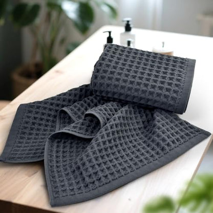 Jacquotha Waffle Hand Towels for Bathroom 5-Piece (Charcoal Blue) | Cotton Quick Dry Lint Free Face Towels 13” x 29” - color: Charcoal Blue