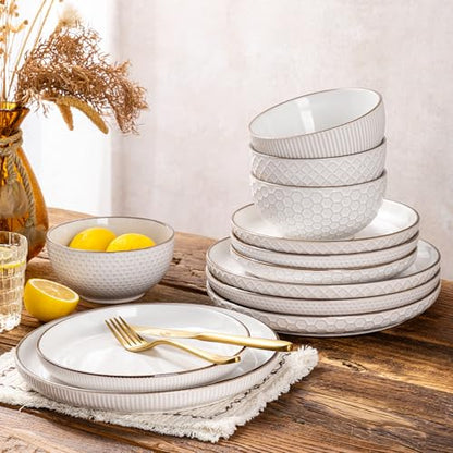 GBHOME Stoneware Dinnerware Set for 4, 12 piece Farmhouse Plates and Bowls | Elegant Embossed Ceramic Dish Set, Scratch Resistant, Microwave & Dishwasher Safe, Off white - color: Off White-Mixed Texture