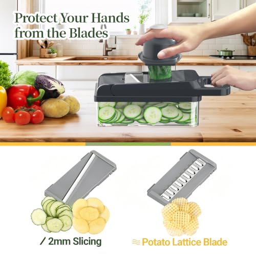 12-in-1 Vegetable Chopper 7 Blades, Veggie Cutter with Handle, Grey | Stainless Steel Blades, Food Container and Lid, Dicer, Slicer, Julienne, Egg Separator, Non-slip Base, Include Cleaning Tools - color: Gray, size: 7 blades