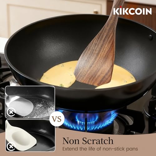 Kikcoin 7 PCS Durable Natural Teak Wooden Cooking Utensils Set, Non Toxic Wooden Spoons for Cooking, Wooden Utensil Set for Cooking with Comfort Grip, Nonstick & Easy to Clean Wood Kitchen Utensil Set - size: 7-Piece Set