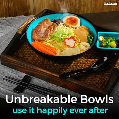 Unbreakable Ramen Bowl Set with Chopsticks and Spoon: 2 large Japanese Style Melamine Ramen Bowls, Dipping Bowls and Chopstick Stands for Asian Pho Soup Thai Miso Udon Wonton (2 Bowl Set, Teal-Black) - color: Teal & Black, size: 2 Bowl Set