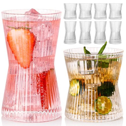 JOVGANK Drinking Glasses Set of 8 – Lead-Free Crystal Glassware, 4 Tall 10oz & 4 Short 8.5oz Vintage Ribbed Tumbler Glasses, Dishwasher Safe, for Juice Beer Cocktails, Great Housewarming Gift, Set B - style: X