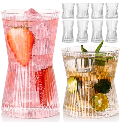 JOVGANK Drinking Glasses Set of 8 – Lead-Free Crystal Glassware, 4 Tall 10oz & 4 Short 8.5oz Vintage Ribbed Tumbler Glasses, Dishwasher Safe, for Juice Beer Cocktails, Great Housewarming Gift, Set B - style: X