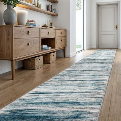 KOZYFLY Modern Abstract Hallway Runner Rug, 2.6x20 Washable Rug Runner Non-Slip Soft Striped Stair Runner Rugs, Print Blue Carpet Runner for Kitchen Entryway Bathroom Laundry Room Foyer - color: Blue, size: 2'8" x 20' (Runner)