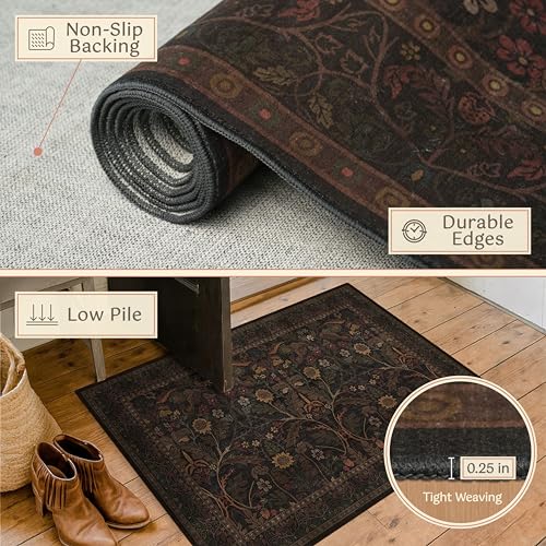 Washable 2x6 Kitchen Runner Rugs Non Slip - Dark Brown Hallway Runner Rug, Farmhouse Non Slip Floral Botanical Bathroom Mats, Southwestern Cabin Bedroom, Hall Way Low Pile Carpet - color: Brown, size: 2' x 6' (Runner)