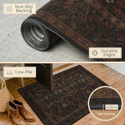 Washable 2x6 Kitchen Runner Rugs Non Slip - Dark Brown Hallway Runner Rug, Farmhouse Non Slip Floral Botanical Bathroom Mats, Southwestern Cabin Bedroom, Hall Way Low Pile Carpet - color: Brown, size: 2' x 6' (Runner)