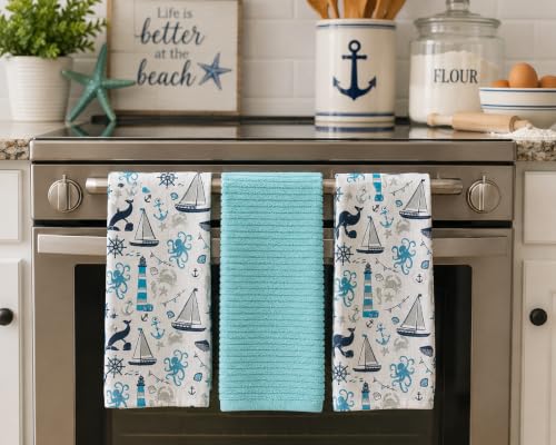 Coastal Kitchen Dish Hand Towel Set: Nautical Ocean Lighthouse Sea Life Design, Set of 3, 100% Cotton (Coastal) - color: Coastal