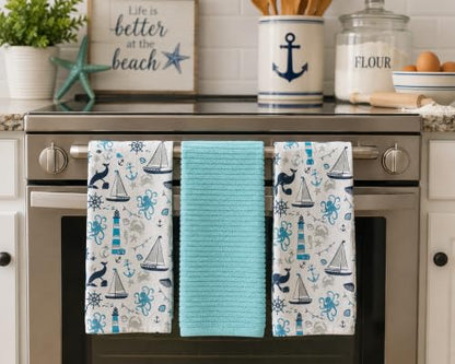 Coastal Kitchen Dish Hand Towel Set: Nautical Ocean Lighthouse Sea Life Design, Set of 3, 100% Cotton (Coastal) - color: Coastal