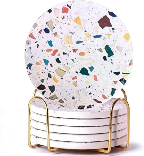 Absorbent Terrazzo Drink Coasters Set of 6 with Holder, Ceramic Drink Coasters for Coffee Table Decor, Water-Absorbing Stone Coasters (Mosaic) | Speckled terrazzo drink coasters for coffee table & desk; moisture-absorbing stone, boho home decor, housewarm