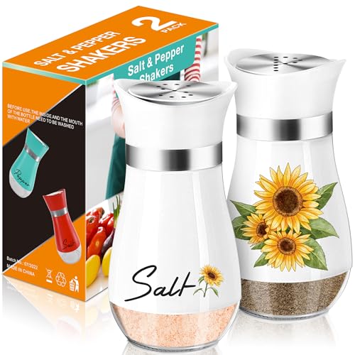 Sunflower Salt and Pepper Shakers - 4 oz Refillable Glass Farmhouse Set | Sunflower Glass Shakers Add Farmhouse Charm to Kitchen Tables And Suit Housewarming Gifts, Thanksgiving And Christmas Decor. - color: Sunflower