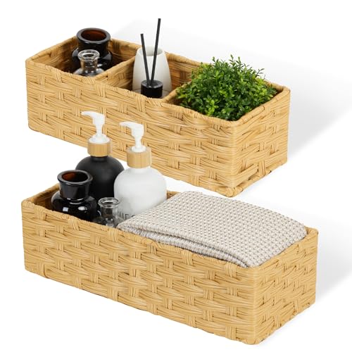 DULLEMELO Toilet Basket for Decor, Small Wicker Baskets for Storage Back of Toilet Tank Topper, Set of 2 Woven Storage Baskets for Bathroom Toilet Paper Holder Basket, Natural - color: Natural