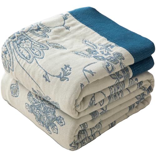 Phuryllic Boho Throw Blanket Twin Size, Soft Cozy Cotton Muslin Quilt Blanket for Bed Decor, Floral Patterned Couch Sofa Chair Cover, Vintage Farmhouse Cottage Tapestry Woven Blanket, Blue and White - color: Jasmine Bloom, size: 60" x 80"