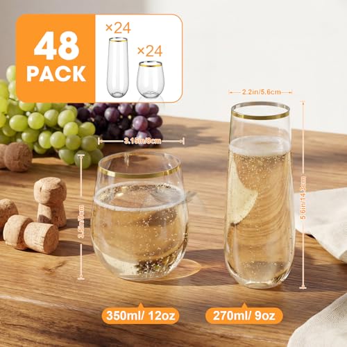 Remerry 48 Pack Stemless Plastic Wine Glasses 9 oz & 12 oz Disposable Champagne Flutes Cups Shatterproof Toasting Cocktail Glasses for Weddings, Bars, Events(Gold Rim) - style: Gold Rim