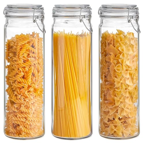 ComSaf Tall Glass Pasta Containers with Airtight Lids 68 oz 3 Pack Canister | Spaghetti linguine, Long pasta storage, Breadsticks, Vertical pantry organization, Cabinet organization, Dry food storage - size: 68oz 13" Tall*3