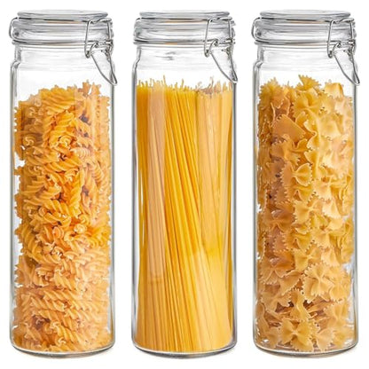 ComSaf Tall Glass Pasta Containers with Airtight Lids 68 oz 3 Pack Canister | Spaghetti linguine, Long pasta storage, Breadsticks, Vertical pantry organization, Cabinet organization, Dry food storage - size: 68oz 13" Tall*3