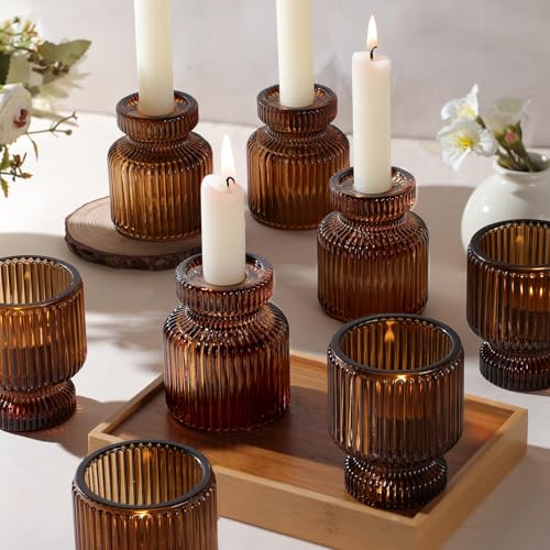 12 Pcs Glass Candlestick Holders- Amber Taper Candlestick Holders Tealight Votive Candle Holders for Table Centerpieces, Wedding, Dinner Party, Home Decor - color: Amber, size: 12Pcs