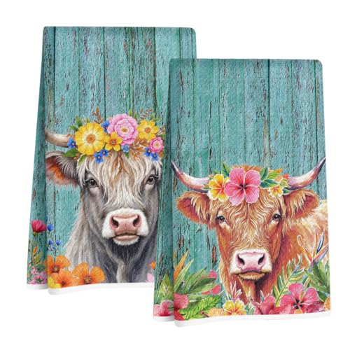 Jztco 2 Pcs Cow Kitchen Towels, Rustic Flower Soft Absorbent Hand Towels | Microfiber Dish Cloths for Drying Dishes, Waffle Dish Towels for Kitchen Bathroom Decor, Cow Gifts for Women - color: Multi 1423