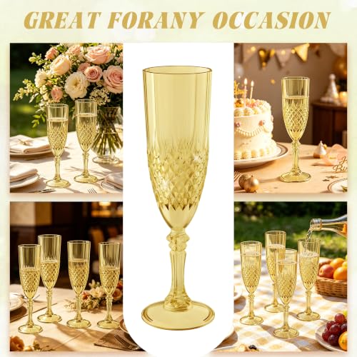 12 Pack Plastic Champagne Flutes, Gold Reusable Champagne Glass | Unbreakable Hard Plastic Mimosa Cups Bulk with Stem, Fancy Stemware for Wedding, Party & NYE Celebration - color: Gold