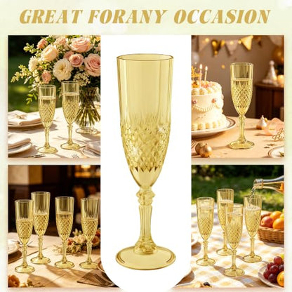 12 Pack Plastic Champagne Flutes, Gold Reusable Champagne Glass | Unbreakable Hard Plastic Mimosa Cups Bulk with Stem, Fancy Stemware for Wedding, Party & NYE Celebration - color: Gold