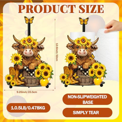 Summer Sunflower Highland Cow Paper Towel Holder Sunflower Floral Cattle Kitchen Bathroom Decor Farmhouse Metal Highland Cow Towel Holder Stand with Round Base for Home Countertop Accessories - style: Highland Cow