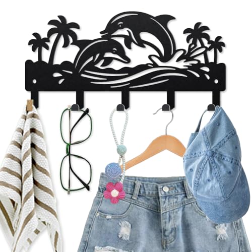 MAYJOYDIY Ocean Dolphin Metal Key Hook Marine Animal Coat Rack Wall Mounted 9.8×4.7inch Coconut Tree Black Art Wall Decor Key Holder with 5 Hooks for Gift Coats Hats Towels Bags Hanging - style: Ocean Dolphin