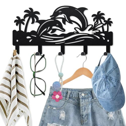 MAYJOYDIY Ocean Dolphin Metal Key Hook Marine Animal Coat Rack Wall Mounted 9.8×4.7inch Coconut Tree Black Art Wall Decor Key Holder with 5 Hooks for Gift Coats Hats Towels Bags Hanging - style: Ocean Dolphin