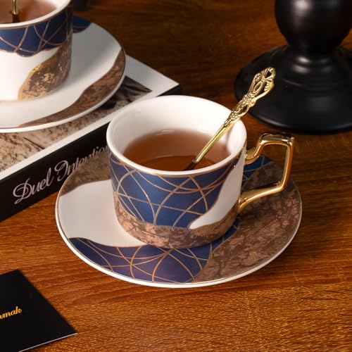 KAMMAK Tea Cups and Saucers Set of 2, Porcelain Coffee Cups, NX028 | Gold Rim, Stackable Espresso Mugs, Ceramic Demitasse for Coffee, Latte, Americano, Afternoon Tea, Elegant Gift for Women - size: 8CZNX028