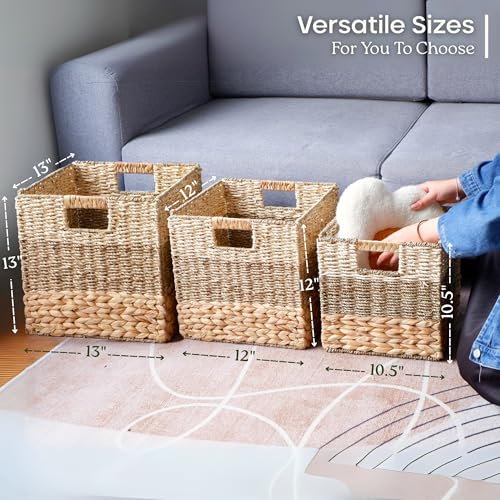 12x12 Baskets for Cube Storage, Wicker Cube Storage Bins Set 4 | 12x12x12 Storage Bins, Foldable Square Baskets For Cube Shelves, Kallax Woven Bins, Versatile Storage, Natural Water Hyacinth - size: 11.8 x 11.8 in