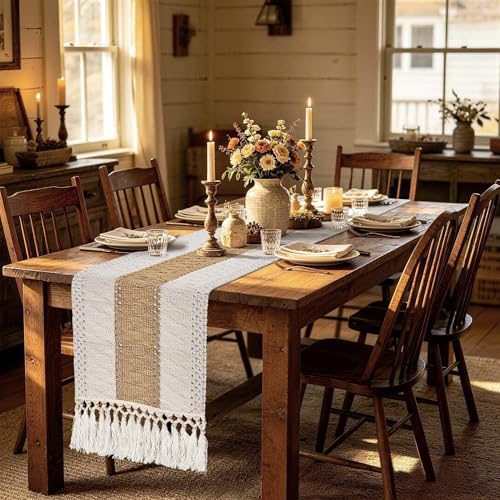 Boho Table Runner 90 inches Long - Rustic Burlap Table Runner for Wedding Spring Dining Table, Dresser Runners for Bedroom, Console Table, Buffet,Cabinet, TV Stand, Summer Home Decor - color: Cream Brown, size: 90 inches