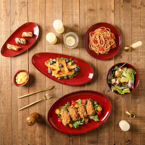 vicrays Large Oval Serving Platters, 16"/14"/10" Porcelain Serving Platters for Party, BBQ,Stackable Serving Trays Serving Plates for Appetizers, Sushi, Restaurant, Set of 3 (Cherry Red) - color: Cherry Red