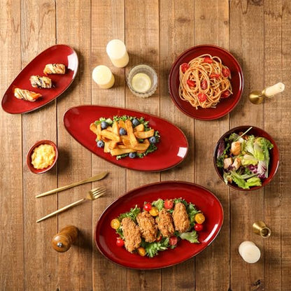vicrays Large Oval Serving Platters, 16"/14"/10" Porcelain Serving Platters for Party, BBQ,Stackable Serving Trays Serving Plates for Appetizers, Sushi, Restaurant, Set of 3 (Cherry Red) - color: Cherry Red