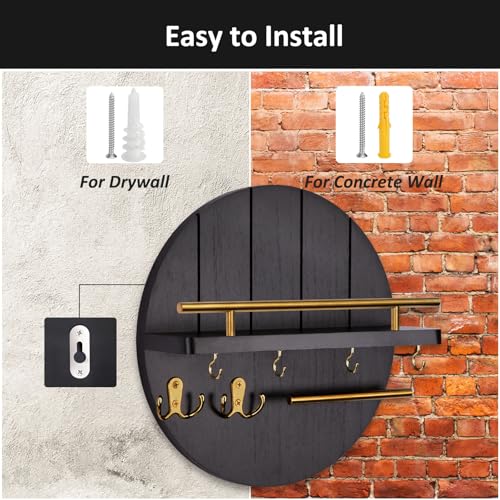 Nekon Wall Mount Key Holder, 11.8 Inch Rack With Shelf and 6 Hooks, Rustic Mail Organizer, Circular Wooden Hanger for Entryway Hallway Kitchen (Black&Gold) - color: Black&Gold