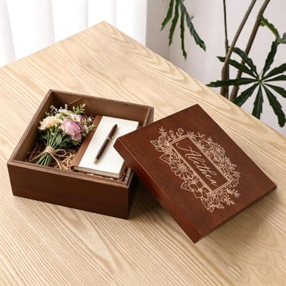 Personalized Wood Keepsake Box Custom Memory Box for Photos Jewelry Letters | Rustic Memento Storage Box for Wedding, Anniversary, Birthday, Christmas, Graduation & Bridesmaid Gifts, Customize Text - size: 5.9"L x 5.9"W x 3.9"H, style: Bouquet