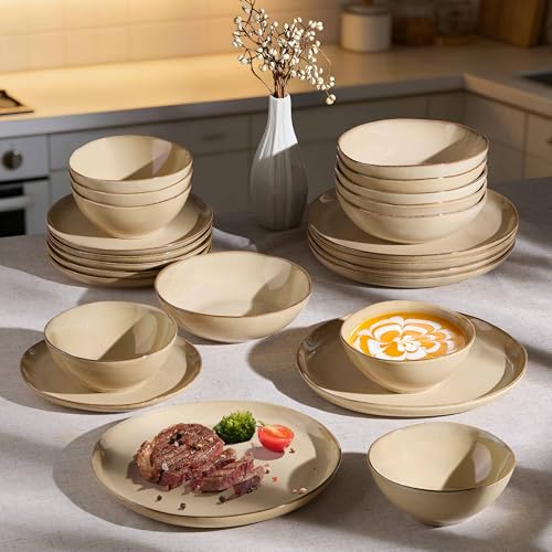 Herogo 12pcs Stoneware Dinnerware Sets for 4, Irregular Handmade Dinner Plates and Bowls, Kitchen Dining Dish Dishware Set, Microwave & Dishwasher Safe, Cream Khaki - color: Cream Khaki, size: 4 Set (12pcs)