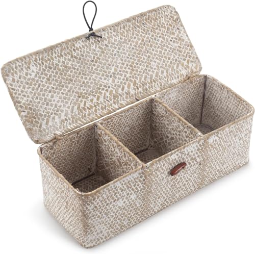 3 Section Seagrass Storage Basket, Handmade Shelf Baskets with Lid for Bathroom/Closet/Livingroom - color: Whitewash 3 Section with Lid