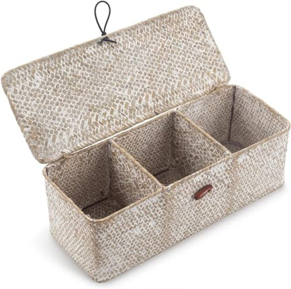 3 Section Seagrass Storage Basket, Handmade Shelf Baskets with Lid for Bathroom/Closet/Livingroom - color: Whitewash 3 Section with Lid