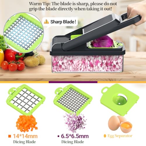 12-in-1 Vegetable Chopper 7 Blades, Veggie Cutter with Handle, Green/Grey | Stainless Steel Blades, Food Container and Lid, Dicer, Slicer, Julienne, Egg Separator, Non-slip Base, Include Cleaning Tools - color: Green, size: 7 blades