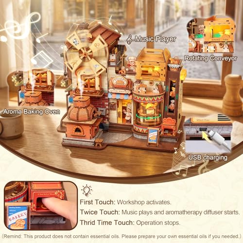 Fsolis 3D Wooden Puzzles for Adults - Mechanical Bread Factory Building Kit | Rotating Miniature House Kit with Music & Lights & Steam Effect, 572pcs, Gifts for Experienced Builders Model Project Lovers - style: Bread Factory