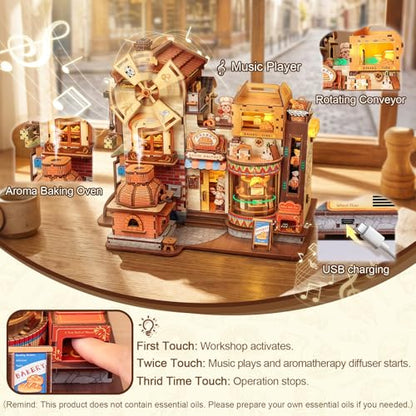 Fsolis 3D Wooden Puzzles for Adults - Mechanical Bread Factory Building Kit | Rotating Miniature House Kit with Music & Lights & Steam Effect, 572pcs, Gifts for Experienced Builders Model Project Lovers - style: Bread Factory