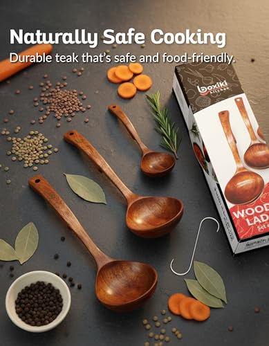 Soup Ladle - Luxury Teak Wood Ladle Set of 3 – Chef-Grade, Eco-Friendly Wooden Cooking Utensils with Reinforced Neck Joint & Anti-Slip Notch Handle – Multi-Size, Gift-Ready Ladle Spoons Set - color: Brown Teak Soup Ladle Set