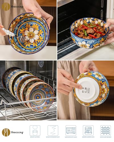 Yeacccng Bohemian Cereal Bowls Set of 6, 5.9 Inch 27 Oz Ceramic Soup Bowls, Microwave Dishwasher Safe, Lead-Free Scratch-Resistant for Oatmeal Pasta Salad, Colorful Boho Bowls