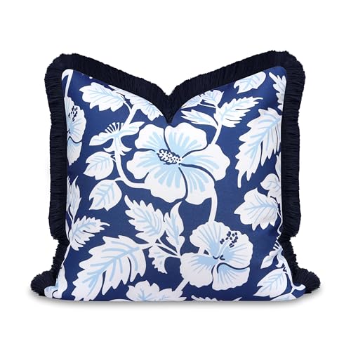 Hofdeco Premium Coastal Patio Indoor Outdoor Throw Pillow Cover Only, 20"x20" Water Repellent for Backyard, Couch, Navy Baby Blue Print Tropical Hisbucs Flowers - color: Navy Baby Blue Tropical Hisbucs Flowers 20"x20"