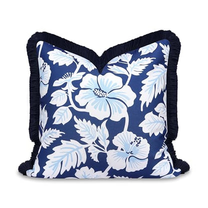Hofdeco Premium Coastal Patio Indoor Outdoor Throw Pillow Cover Only, 20"x20" Water Repellent for Backyard, Couch, Navy Baby Blue Print Tropical Hisbucs Flowers - color: Navy Baby Blue Tropical Hisbucs Flowers 20"x20"
