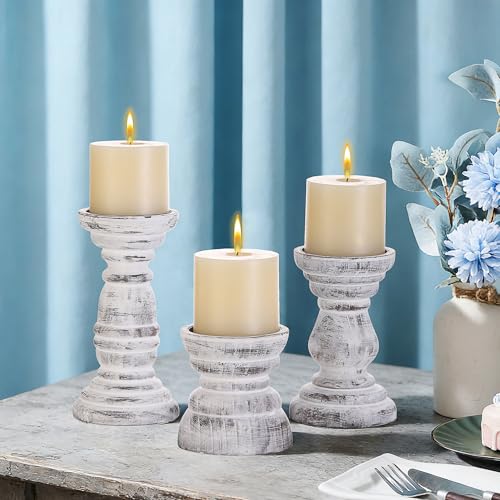 Rustic Wooden Pillar Candle Holders Set of 3 in Distressed White, Florence Style, Farmhouse Wooden Candle Holder, Wooden Candle Stand, Small Wooden Candlestick Holders, Living Room, Table Centerpiece