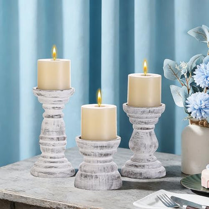 Rustic Wooden Pillar Candle Holders Set of 3 in Distressed White, Florence Style, Farmhouse Wooden Candle Holder, Wooden Candle Stand, Small Wooden Candlestick Holders, Living Room, Table Centerpiece