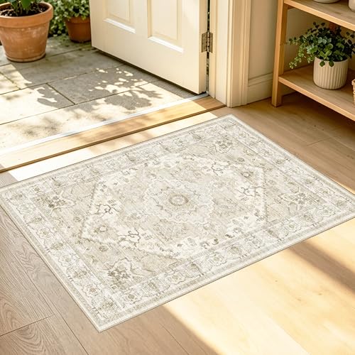 AooHHooA 2x3 Washable Entryway Rug Beige, Soft Stain Resistant 2x3 Boho Rug Vintage Small Rugs for Entryway, Low Pile Lightweight Non-Slip Indoor Door Mat Small Rugs for Bedroom - color: Beige 2, size: 2' x 3' (Rectangular)