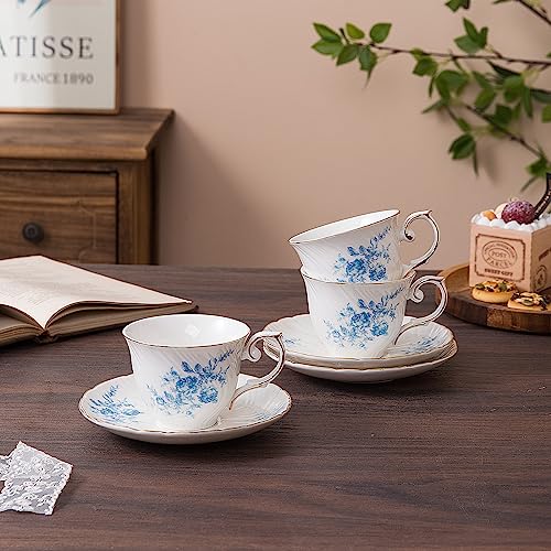 Agyiuns tea cups and saucers ceramic coffee mug 6oz for Coffee, Latte, Cafe Mocha and Tea-Set of 4,Blue - color: White with blue flowers